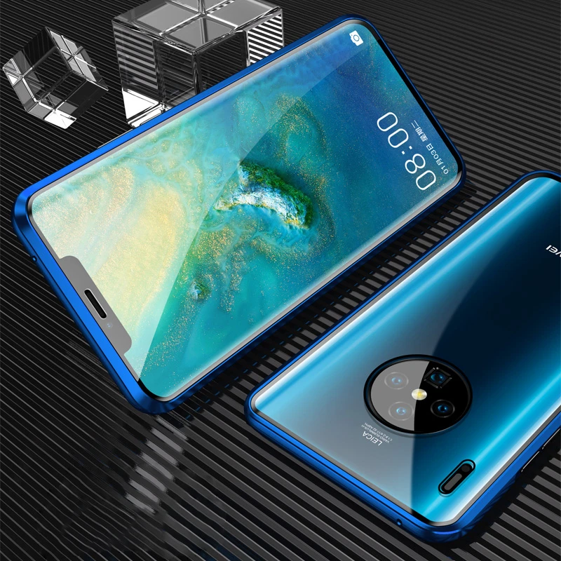 360 магнитный металлический бампер чехол для телефона huawei mate 10 20 30 Pro P30 P20 Pro Lite y9 Чехол двусторонний закаленное стекло - Цвет: Blue