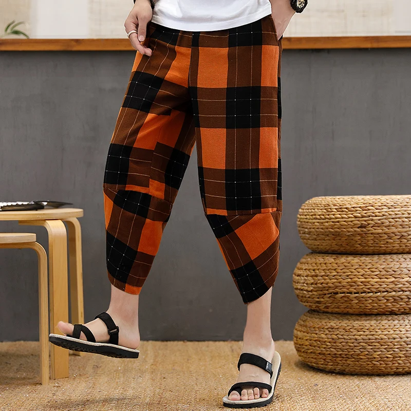 Summer Men's Cotton Linen Shorts Harem Pants Elastic Waist Wide Leg Pants Vintage Plaid Printed Trousers Male Loose Pantalon 5XL best casual shorts for men Casual Shorts