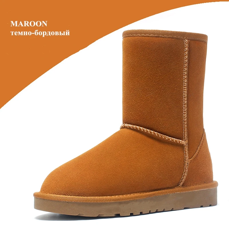 MAROON Зимние сапоги из натуральной кожи; сапоги из натуральной шерсти; короткие сапоги из коровьей замши с овечьим мехом; теплая женская обувь - Цвет: MAROON