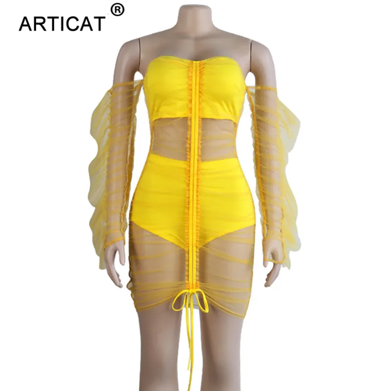 Articat с открытыми плечами сексуальное платье из прозрачной сетки женское Плиссированное облегающее осеннее платье с оборками прозрачные обтягивающие вечерние платья для ночного клуба