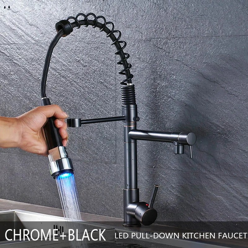 Black chrome Хромированный кухонный кран, светодиодный светильник, пружинный кухонный кран для раковины, двойной поворот, носик, кухонный кран Torneira, смеситель для горячей и холодной воды - Цвет: Black chrome