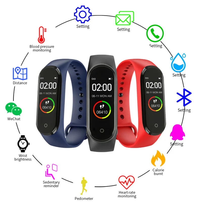 

M4 Smart Bracelet Heart Rate Blood Pressure Monitoring Message Reminds IOS Android Bluetooth Pedometer Wristband Sleep Detection