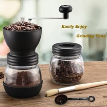 Горячая ручная кофемолка, портативный бесшумный резервуар для хранения, мягкая меховая щетка, конусный керамический заусенец, набор кофемолки
