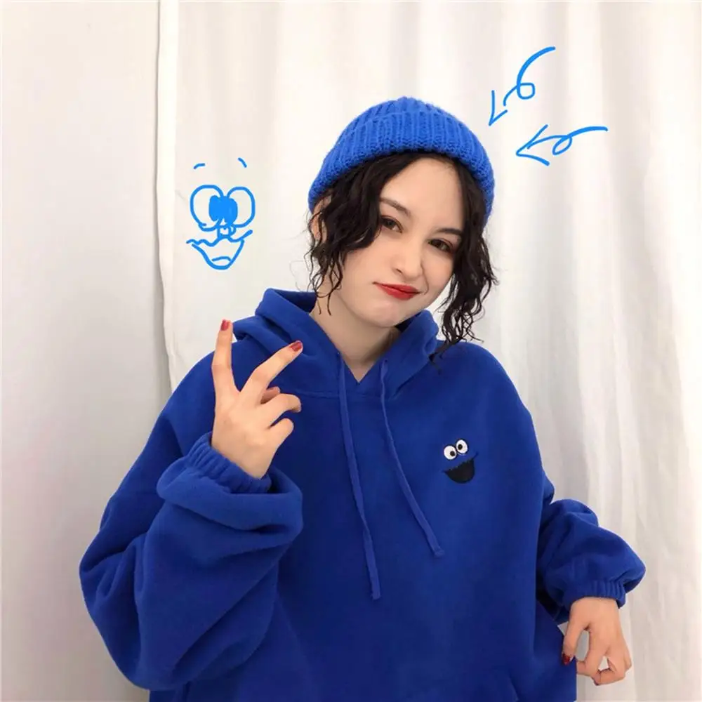 Embroidered Cartoon Hoodies Women Trendy Pockets Loose Sweetshirt Womens Cute Long Sleeve All-Match Lovely Streetwear Female