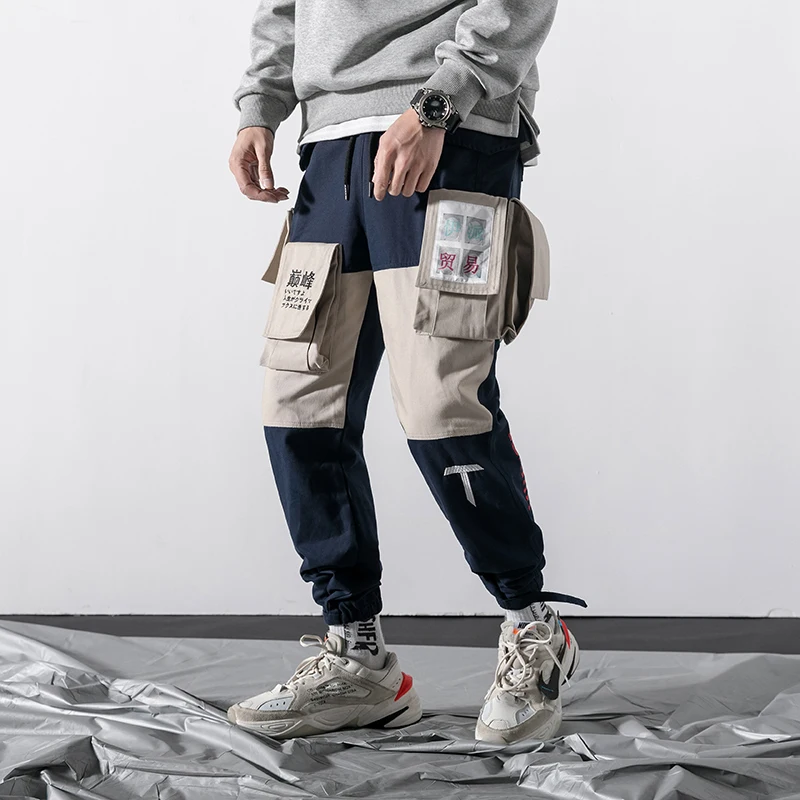 Высокое качество хлопок брюки карго осень зима мужские спортивные повседневные брюки мульти-карманные Рабочие свободные модные хип-хоп брюки для бега - Цвет: Темно-синий