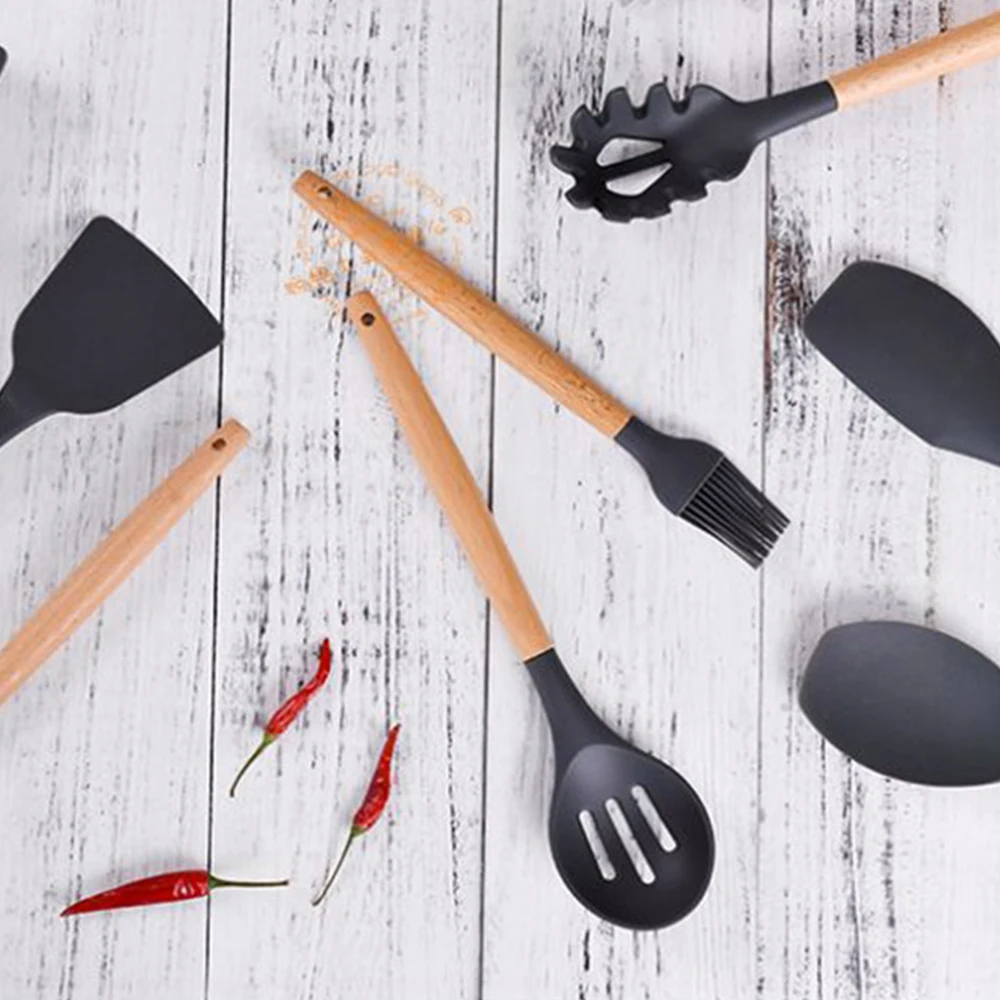 Набор кухонной утвари из силикона с деревянной ручкой|cooking tools|turner spatulakitchen cooking