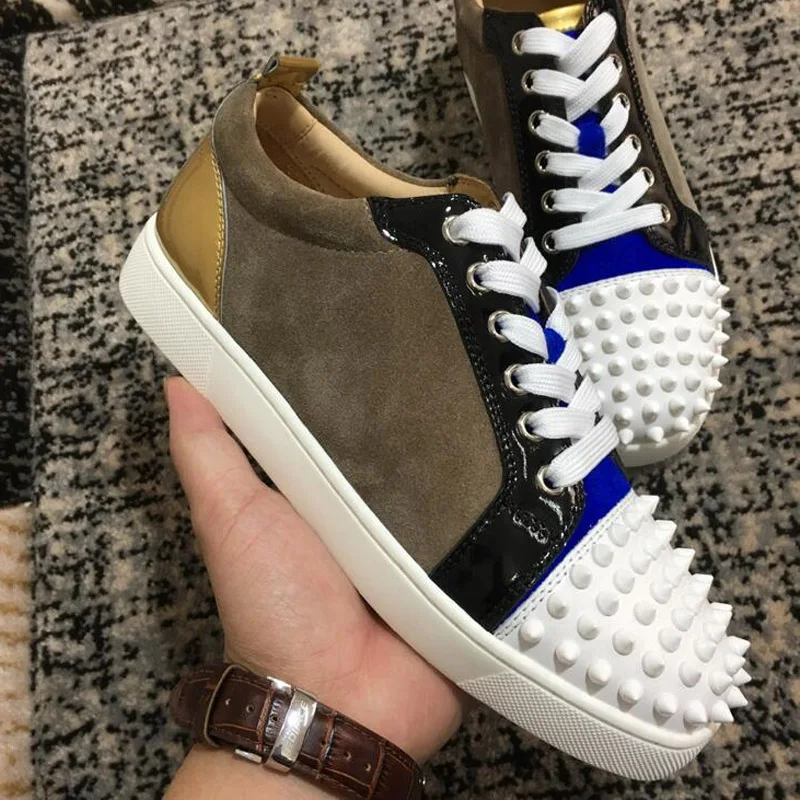 

(With Box) Handmade Low help Lace Up Full Suede Leather Rivets Toe cap Fashion Party Prom Men Loafers Red Bottom Shoes leather casual loafers Size:36-47