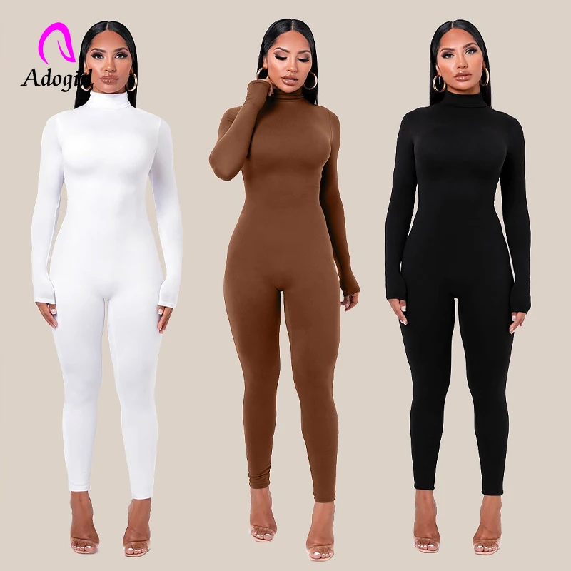 Plain Color Women Rompers 2021 Long Sleeve Solid Turtleneck Skinny Bodycon Jumpsuit Fashion Fitness Casual One Piece Overalls european style fashion jeans demin jumpsuit plus size 3xl women long sleeved skinny denim pencil pants 2021 sexy jean overalls