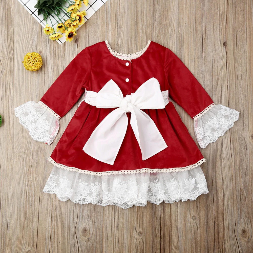 Новинка года; рождественское платье для маленьких девочек; рождественские расклешенные кружевные праздничные платья-пачки с длинными рукавами и высокой талией; одежда