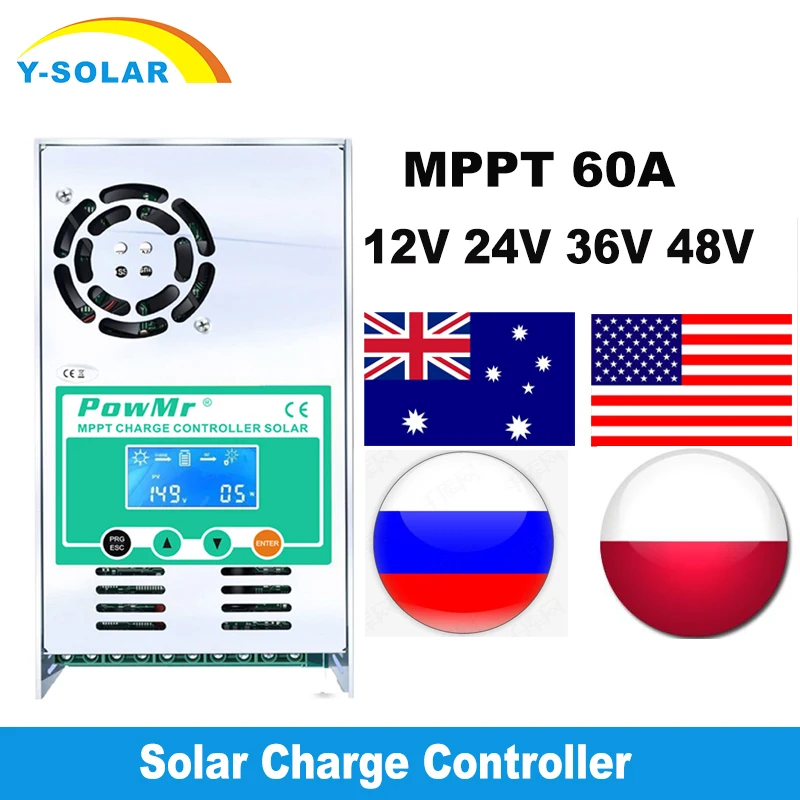 60A Protable MPPT Solar Charge Controller 12V 24V 36V 48V Auto Back-light LCD Solar Charge Regulator 60A For Max 160V DC Input