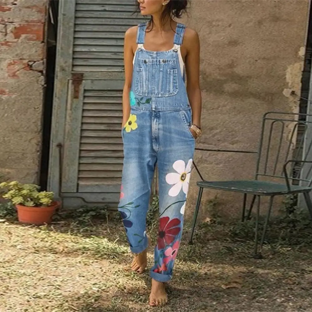 Bib Pants Jumpsuits flower printed blue jeans Romper for Women's Fashion Denim Bib Pants Sexy Long Rompers Overalls 2020 new