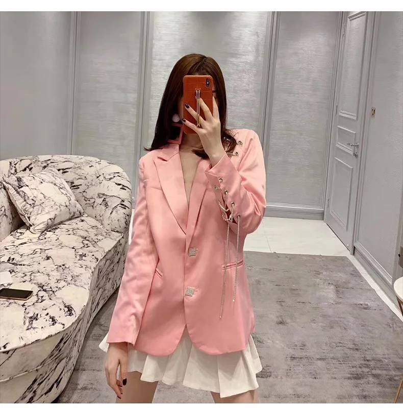 TVVOVVIN Ранняя осень роскошный однотонный розовый цвет стразы с квадратной пряжкой костюм с кисточками Свободное пальто блузка для женщин ZX227