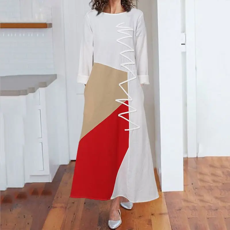 Celmia Women Patchwork Maxi Dress Kaftan Vintage Office Work Vestidos 2020 Autumn Fashion Casual Long Sleeve Party Dresses Robe