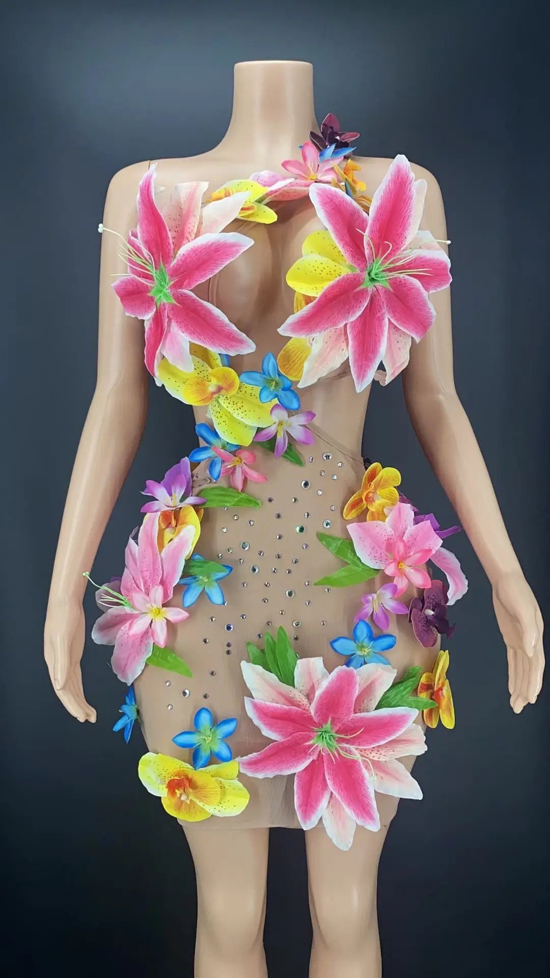 Flower dress Sexy Mesh See Through Evening Costume Hollow Waist Dress Performance Dance Show Celebrate Outfit