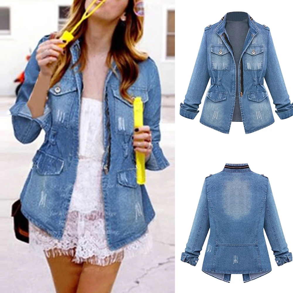 

Slim Elastic Waist Jeans Jacket Women Casual Denim Jackets Cardigan Zipper Ripped Coat Pockets Tops Streetwear Casaco Feminino