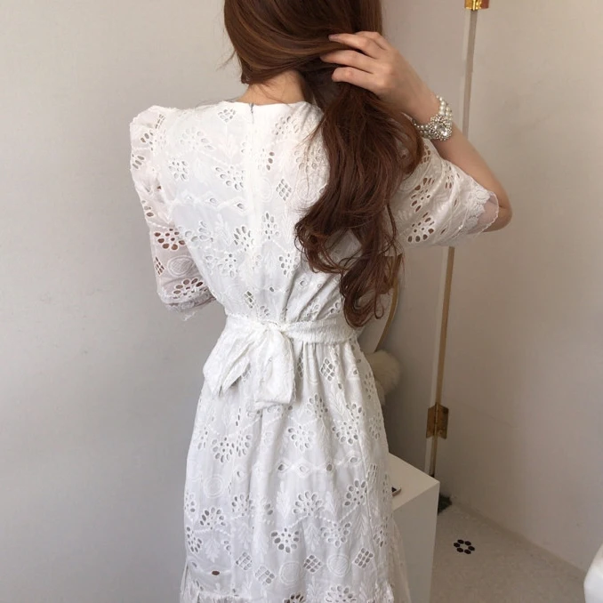 H57dc11938fba4375829953a4242f0651u - Summer Korean O-Neck Half Sleeves High Waist Lace Hook Flowers Hollow Out Midi Dress