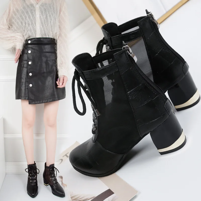 

2019 Autumn And Winter New Style High-Heel Gauze Lace-up Short Boots Chunky Heel Breathable Pointed-Toe-Style Slimming WOMEN'S B