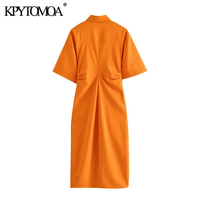 KPYTOMOA Women 2021 Chic Fashion Button up Draped Midi Shirt Dress Vintage Short Sleeve Side Zipper