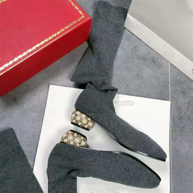 Сапоги-носки; сапоги до бедра со стразами; chaussures femme; женская обувь на среднем каблуке; женские сапоги с квадратным носком; слипоны с жемчугом; scarpe donna