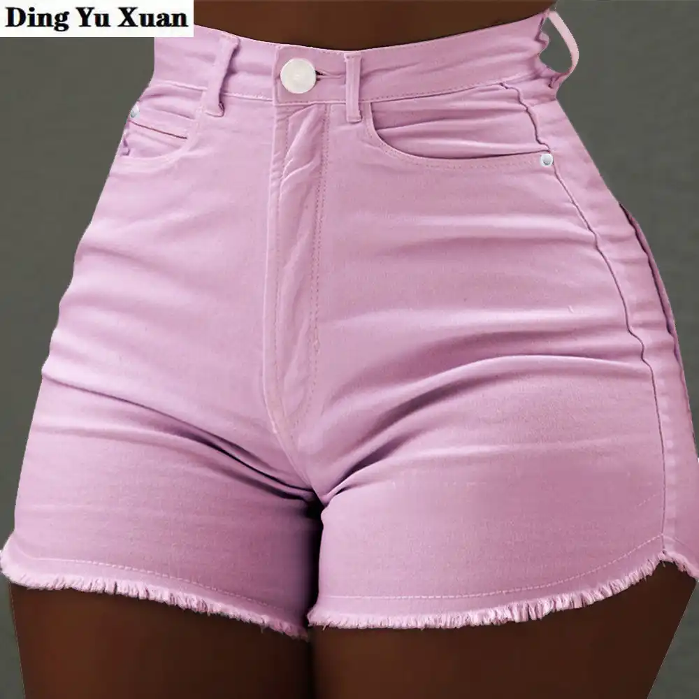 pink high waisted denim shorts