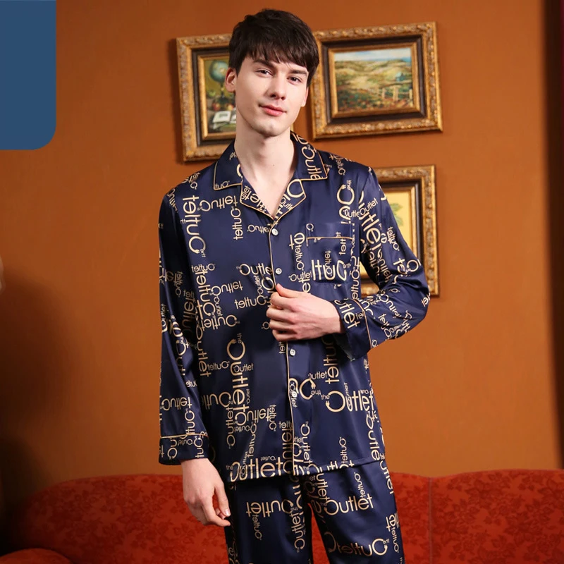 mens silk pajama set Spring Ice Silk Thin Pajama Sets Men Summer Pajama Male Print Sleep Tops+Elastic Waist Trousers Loose Soft Pijama Sleepwear Sets pyjama homme