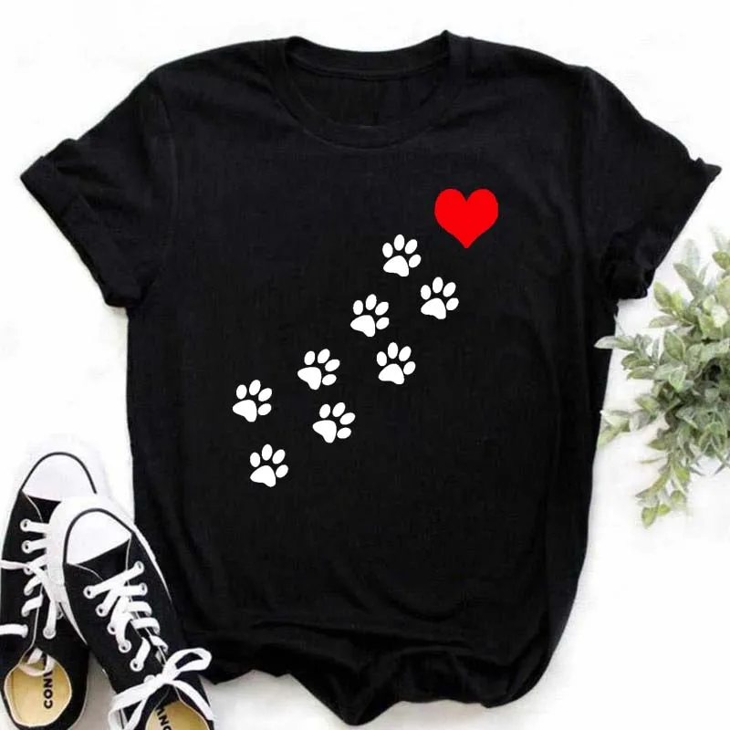 T-shirt imprimé pattes de chien et cœur pour femme, vêtement d'été à manches courtes, noir, 993_voghion.com