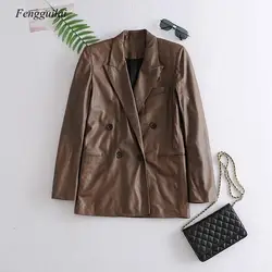 2021 Autumn Winter Women Oversized Faux Leather Blazer Female Long Sleeve Boy Friend Style Casual Jacket Suits