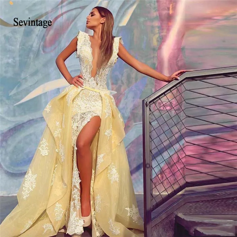 

Sevintage Yellow Two Pieces Mermaid Lace Evening Dresses Detachable Train Illusion Deep V Neck Split Organza Long Prom Gown