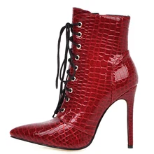 Ботильоны для женщин со змеиным принтом размера плюс 48, модные женские ботинки с острым носком на высоком каблуке, пикантная женская обувь для вечеринок с кружевом красного и белого цвета