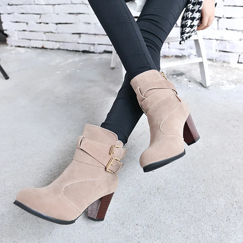 

New Arrivals Fashion Women Buckle Ankle Boots Casual Faux Suede Pointed Toe Thick High Heels Party Shoes Woman yuj7