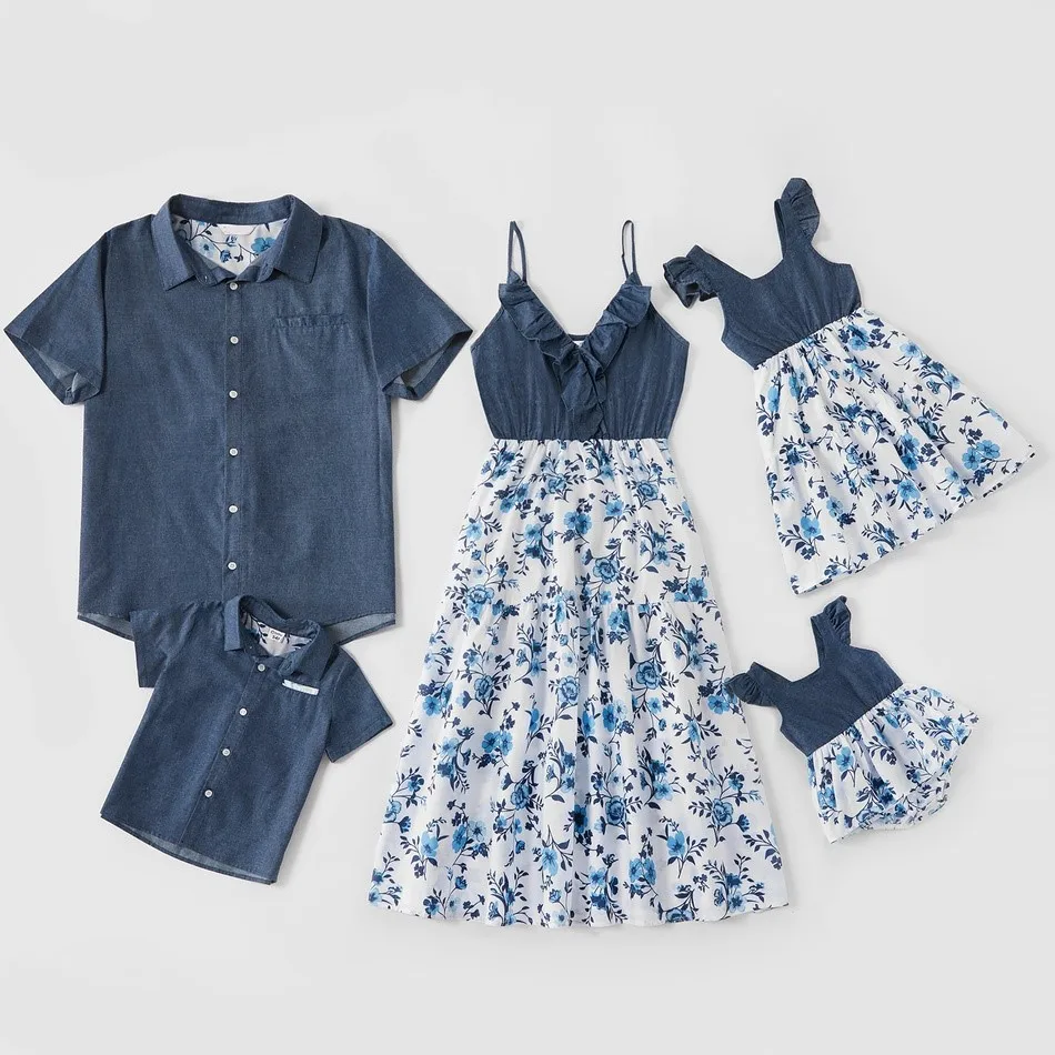 

Family Matching Clothes Outfit Set Spring 2021 Father Mother Daughter Son T-Shirts Dresses Dad Mommy Me Denim Cotton Print Skirt