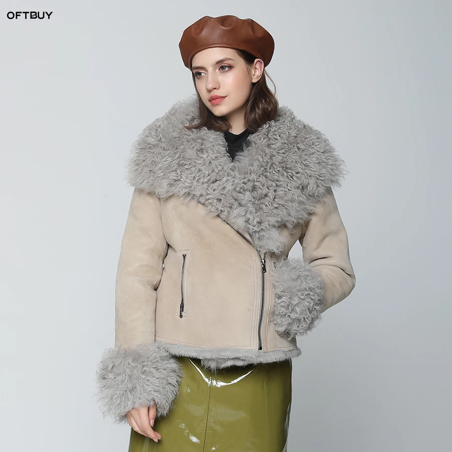 Женская Двухсторонняя куртка OFTBUY винтажная Байкерская парка с натуральным мехом