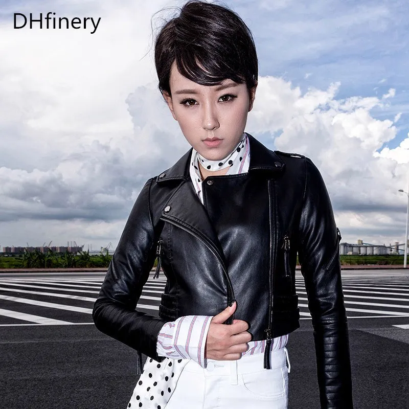 DHfinery Women Faux Leather Jacket short motorcycle leather jackets ladies black white red leather jacket plus size s-2XL B1617