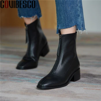 

COVIBESCO Fashion Women Ankle Boots Autumn Winter New Front Zipper High Heels Shoes Woman Genuine Leather Office Concise Boots