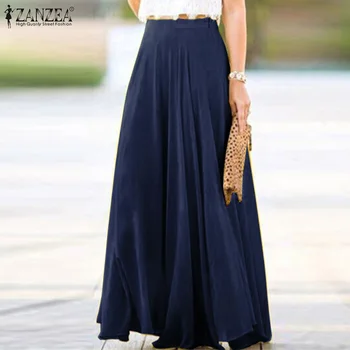 

Plus Size Summer ZANZEA Women Long Skirts Solid Faldas Pleated Skirt Ladies Side Zipper Up Jupe Femme Vestidos Beach Streetwear
