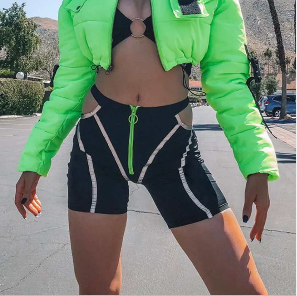 Summer Women Hip Hip Reflective Fluorescent color Zipper Jogger High Waist Sport Side Hole Hollow out Striped Tight Shorts