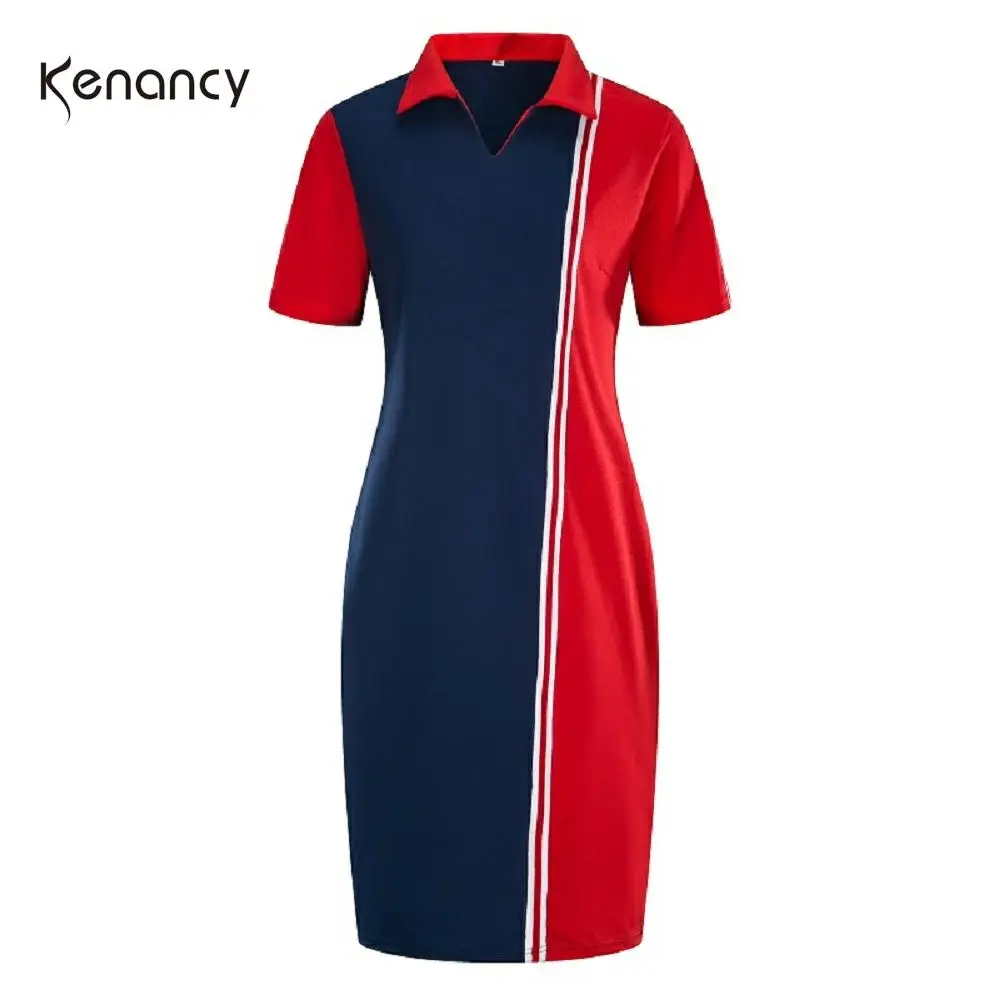 Kenancy размера плюс XL~ 6XL женское Ретро прямое платье модное цветной блок отложной воротник короткий рукав туника в полоску Vestidos новинка