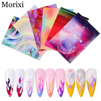 

6pcs/set nail art laser foil rainbow polar red color back glue adhesive for nail tip decoration flame nail decals MZ195