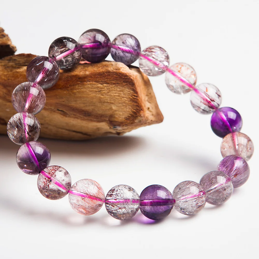 

10mm Top Natural Super Seven 7 Purple Rutilated Quartz Crystal Round Beads Bracelet Women Men Jewelry AAAAA