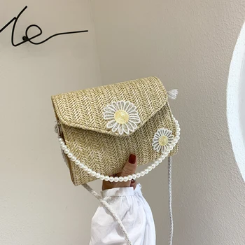 

Women Lace Flower Shoulder Bag Straw Woven Pearl Small Beach Totes Handbags Summer Elegant Crossbody Pouch Female Bag