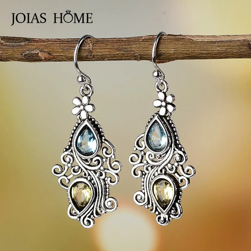925 Earrings Vintage Ethnic Flower Drop Earrings