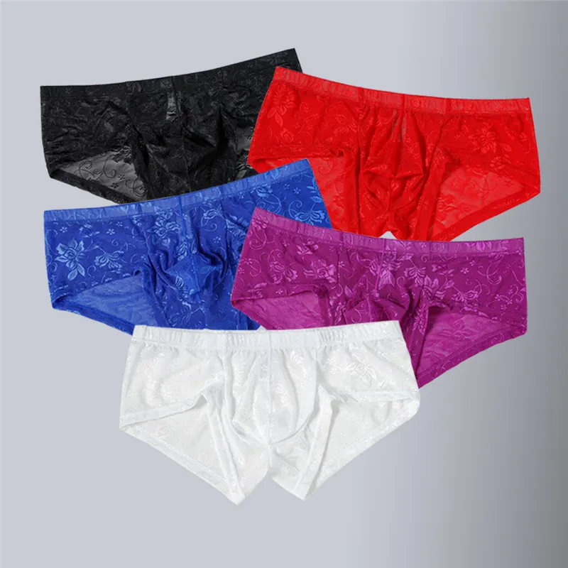 3Pcs/ lot New Sexy underwear Men Boxer Briefs Lace Prints Mesh Transparent Breathable Low-rise Boxershorts Men