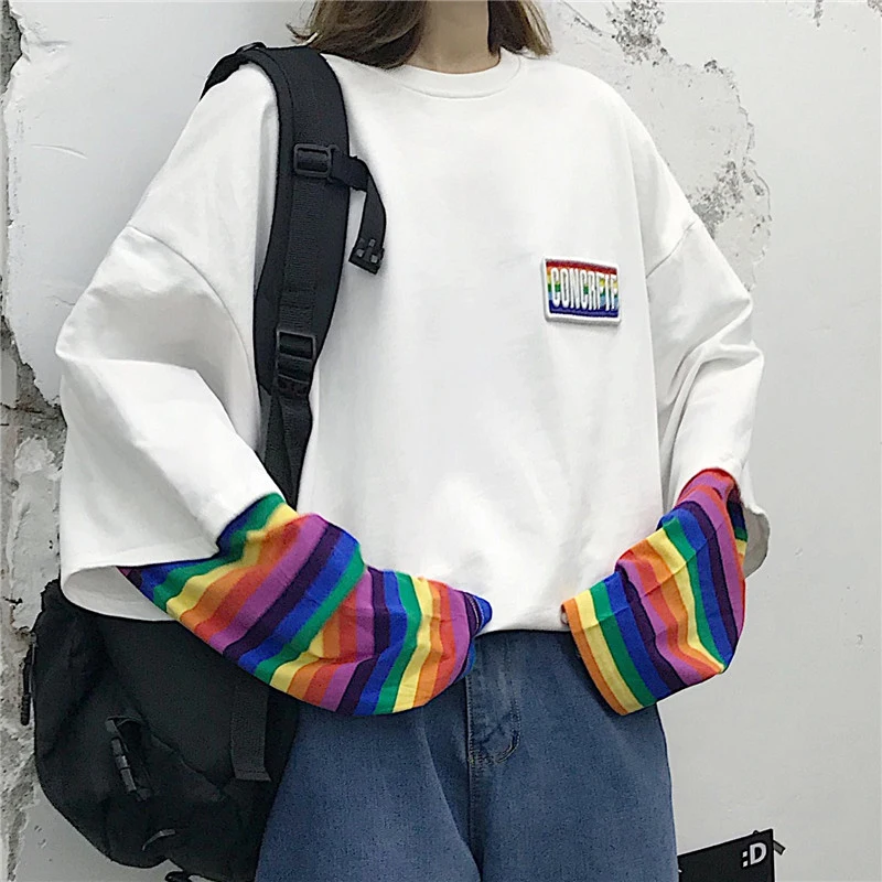Neploe/корейские лоскутные футболки в стиле Харадзюку, имитация двух частей, радужная полосатая футболка с длинными рукавами, Повседневная футболка с круглым вырезом, женские футболки, 55252