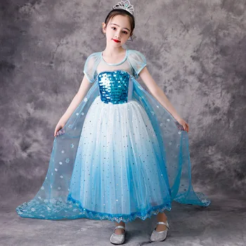 

Elsa New Dress For Girls Snowflake Print Blue gradient Sequin Frocks Snow Queen 2 Lace Ball Gown Kids Halloween Party Costumes