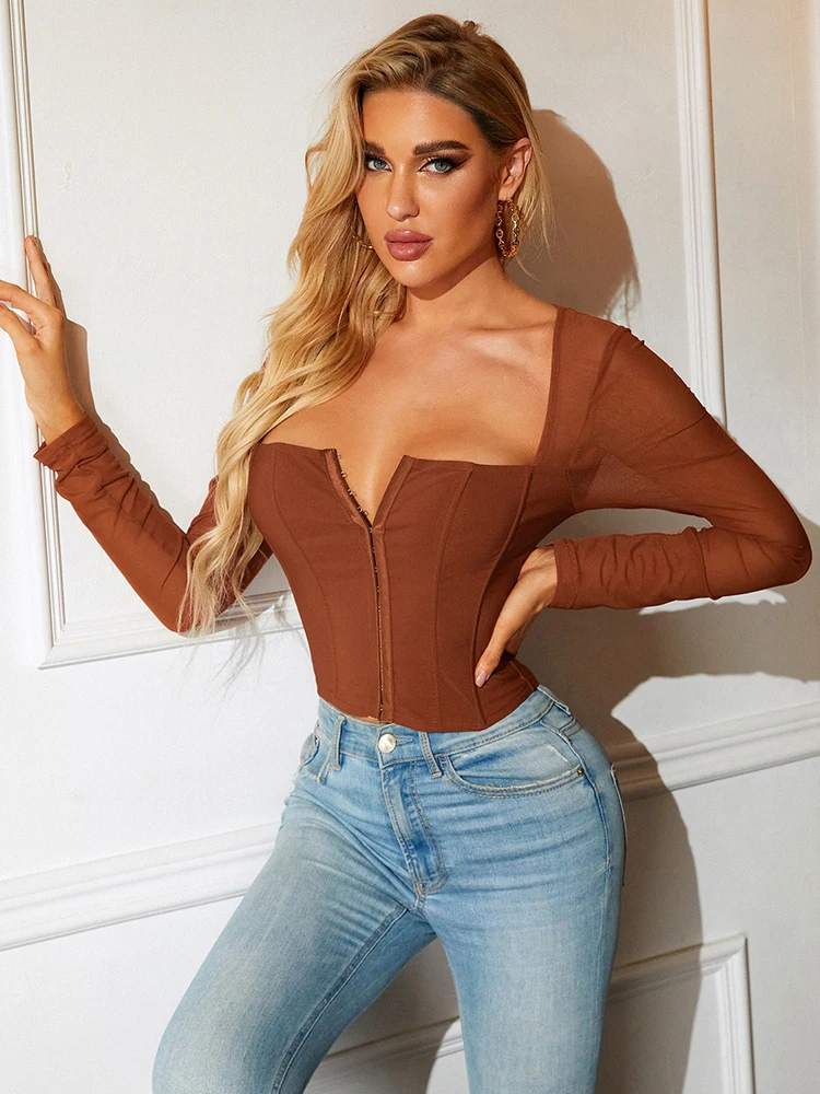 HTZMO Mesh Corset Top Blouses Women See Through Long Sleeve Square Neck Single Breasted Stretch Shirt Tops Chic Outfits 2021