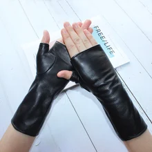 New Women Fashion Long Genuine Leather Black Sheepskin Driving Outdoor  Fingerless Gloves Spring and Autumn