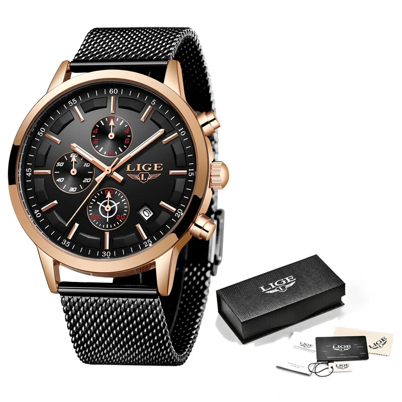 Black rose gold M LIGE мужские часы модный нейлоновый ремень водонепроницаемые кварцевые часы мужские роскошные Брендовые повседневные спортивные мужские часы Relogio Masculino - Цвет: Black rose gold M