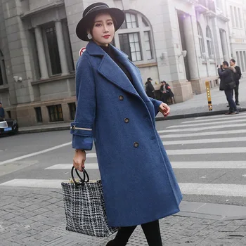 

Woolen Wool Blue Coat Female Autumn Winter 2020 Fashion Double Breasted Long Thicken Woolen Jacket Plus Size Casual Women Praka