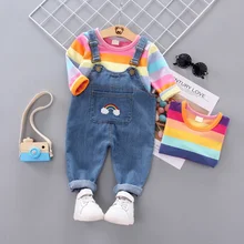 0-4T Kids Girl Overalls Sets Rainbow Striped Shirts With jeans children long trousers girls suspenders denim Bib pants child