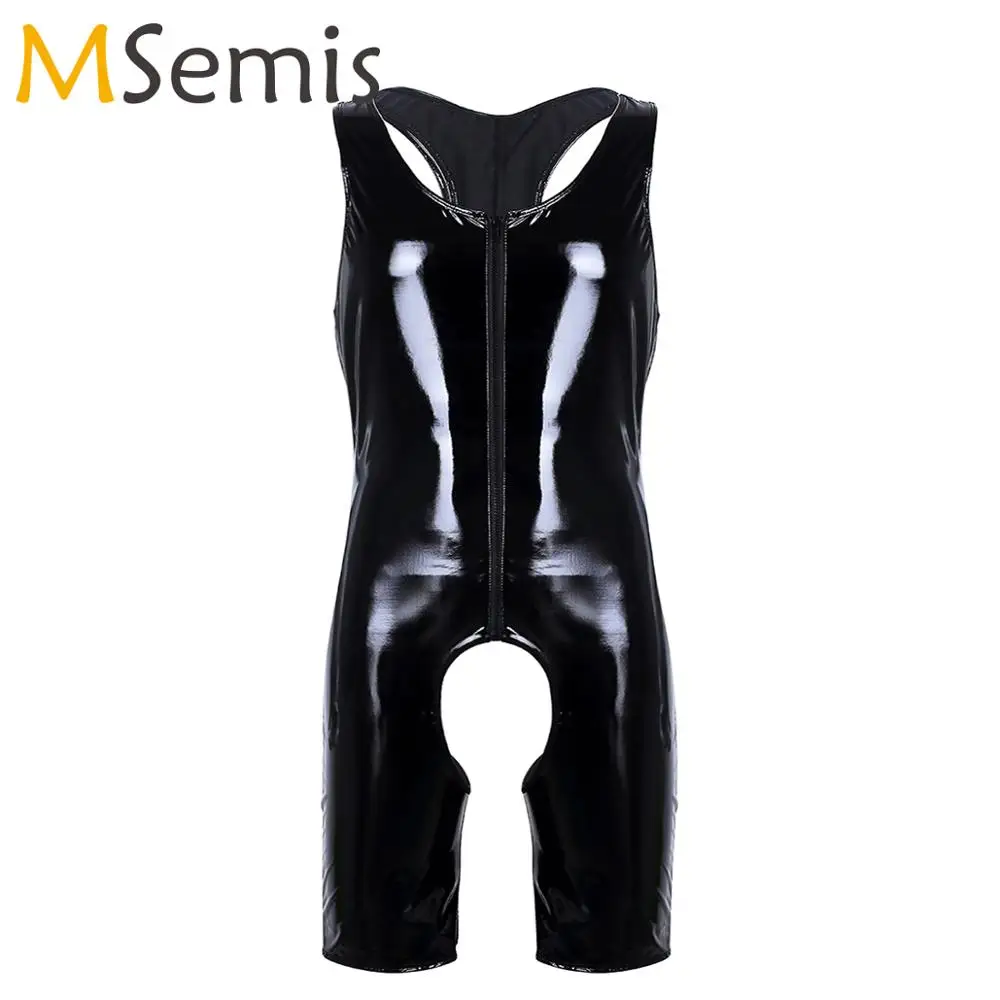 Men Underwear Mens Sissy Latex Open Crotch Catsuit Wetlook PVC Leather One-Piece Teddy Lingerie Erotic Zipper Crotchless Leotard Gay Clubwear